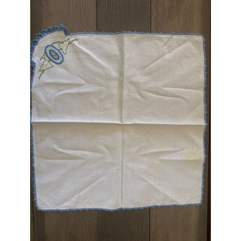 Vintage Hand Embroidered Morning Glory Linen Napkins Blue Crochet Lace Set of 4